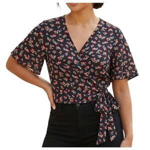 Forever 21 black & red strawberry print crop wrap flutter sleeve top blouse 2X